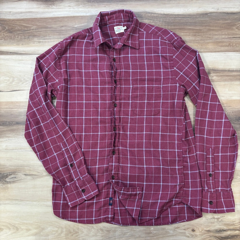 Faherty Flannel Shirt Mens Medium Lightweight Organic Cotton Windowpane Burgundy